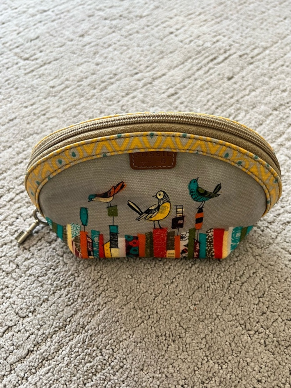 Fossil Coated Canvas Cosmetic Pouch with Bird Print